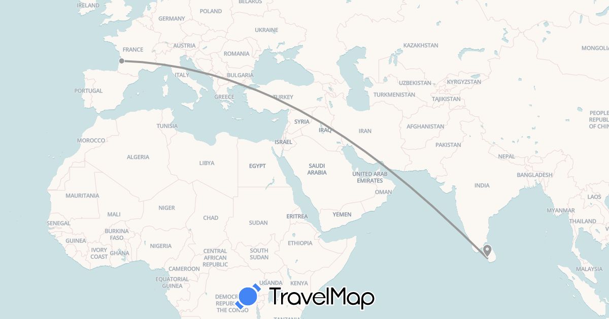 TravelMap itinerary: driving, plane in France, Sri Lanka (Asia, Europe)